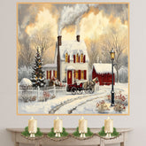 Winter Farmhouse – Cozy Snow-Covered Country Home with Red Barn, Trees and Horse Wall Art Print on Ready to Hang 1.5" Thick Canvas Wrap, Floating Framed Canvas, Flat Rolled Canvas